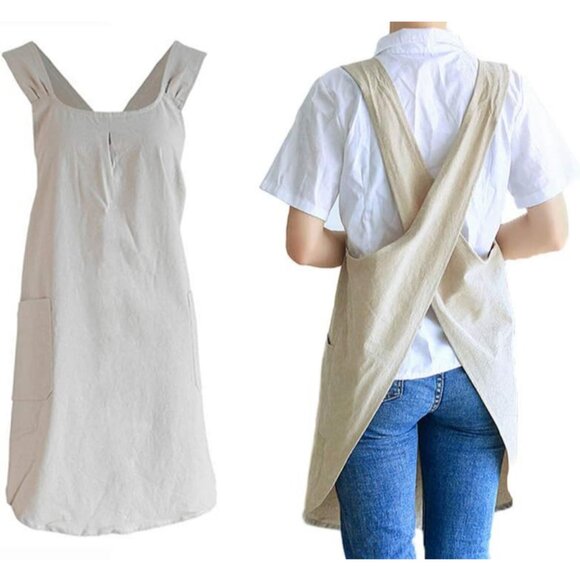 Soft Cotton Linen Apron Cross Back X-Shaped Japanese Style Pinafore Dress for Co - Picture 1 of 9